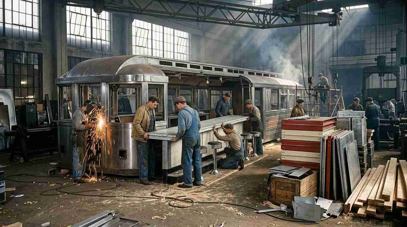 Workers fitting a counter and stools inside a 1940s diner factory