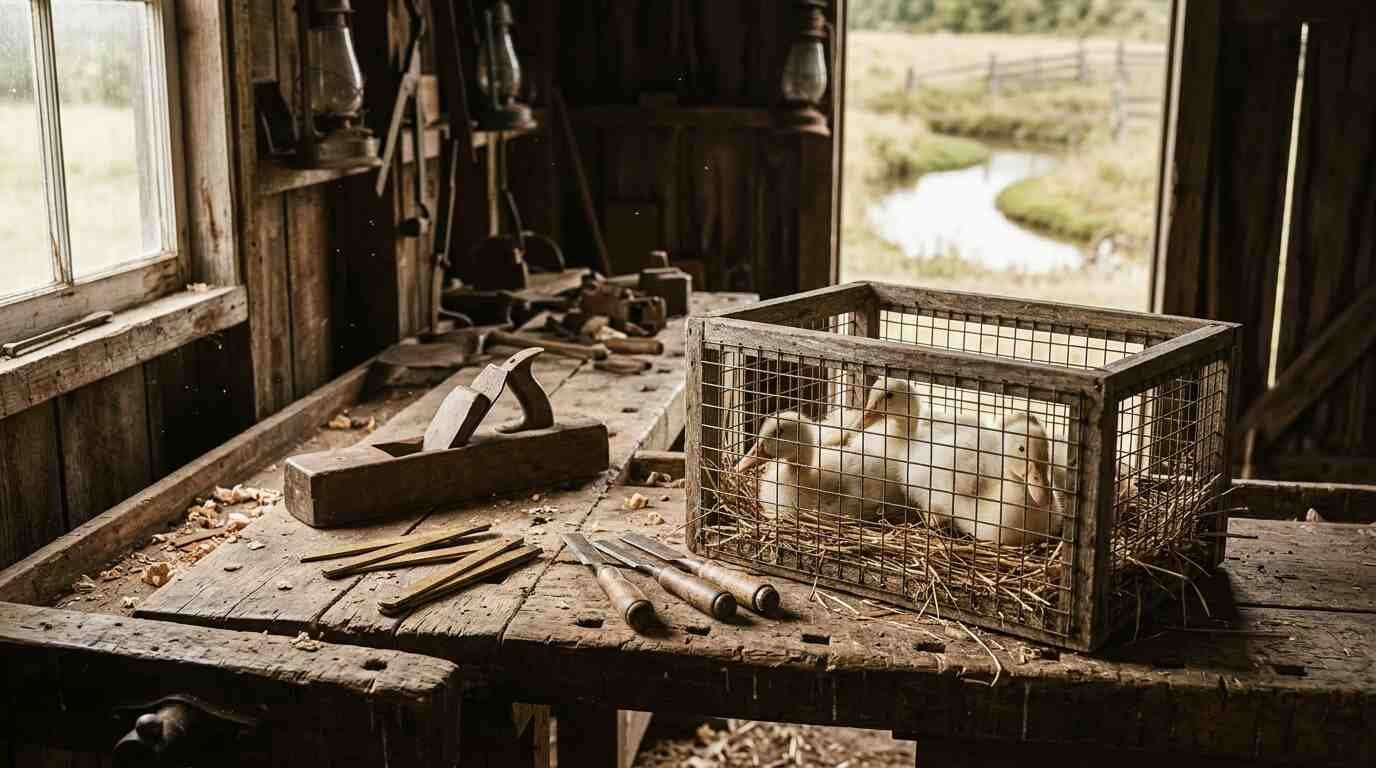 Young ducklings on a wooden workbench at Crescent Duck Farm