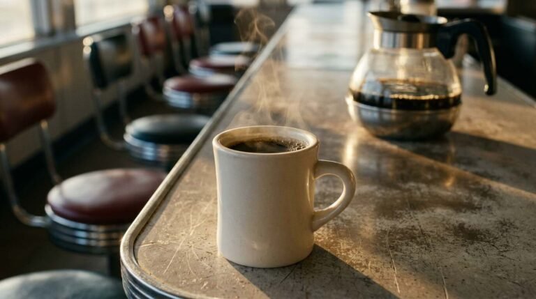 A thick white porcelain diner mug of black coffee on a worn lunch counter at first light