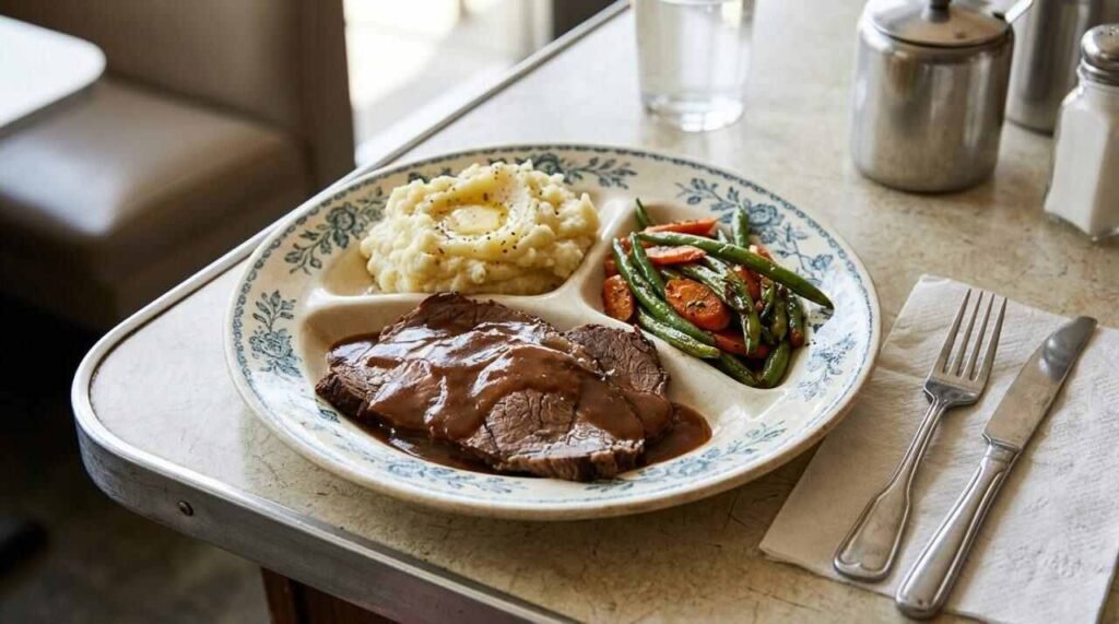 Divided blue-patterned plate with roast beef, mashed potatoes, green beans and carrots