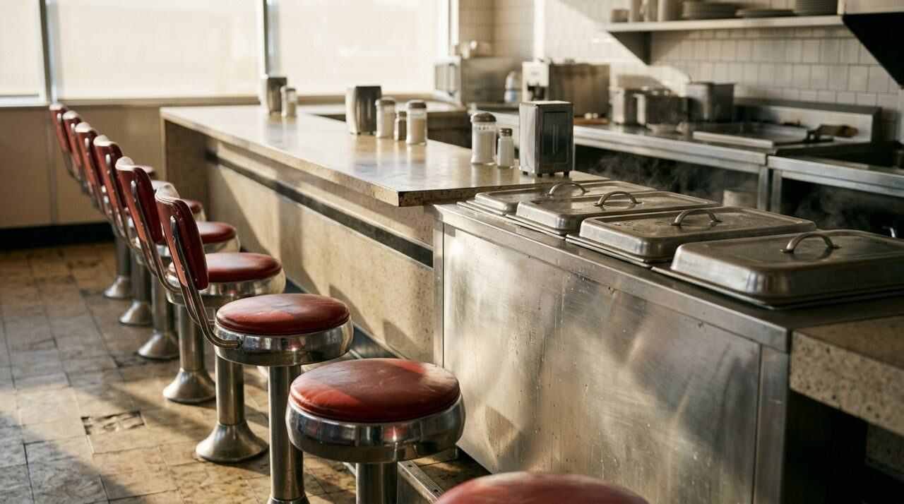 Diner counter stools beside a stainless steel steam table