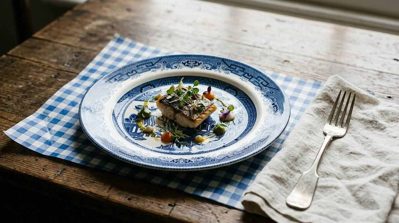 Blue Willow style plate on a checkered placemat