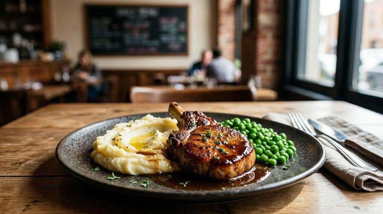 Plate of pork chop, mashed potatoes and peas in front of a blurred daily special board