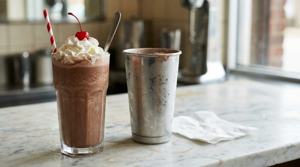 Tall glass of chocolate malted topped with whipped cream and a cherry beside a frosty steel malt cup