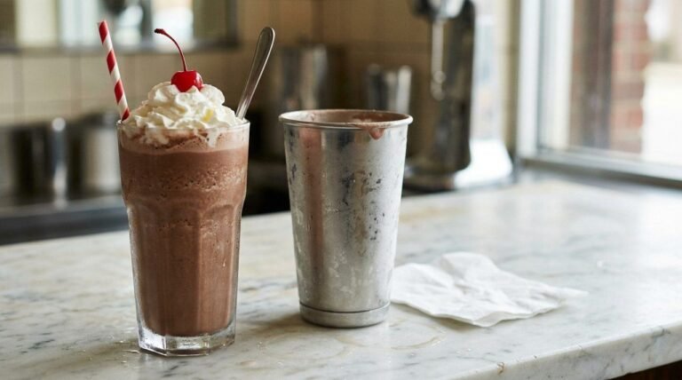Tall glass of chocolate malted topped with whipped cream and a cherry beside a frosty steel malt cup