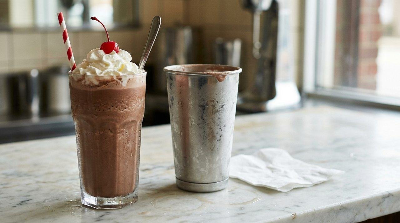 Tall glass of chocolate malted topped with whipped cream and a cherry beside a frosty steel malt cup