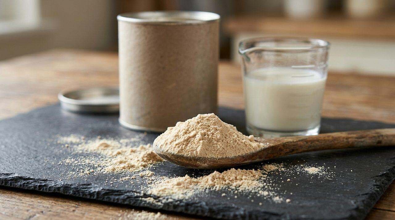 Malted milk powder in a wooden spoon beside a glass measuring cup of cold whole milk