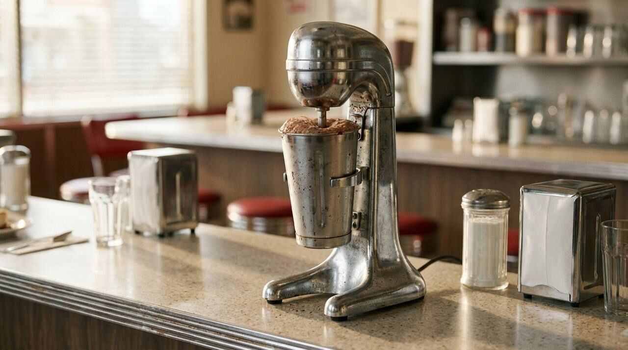 Chrome single-spindle drink mixer with a steel cup of chocolate shake on the agitator
