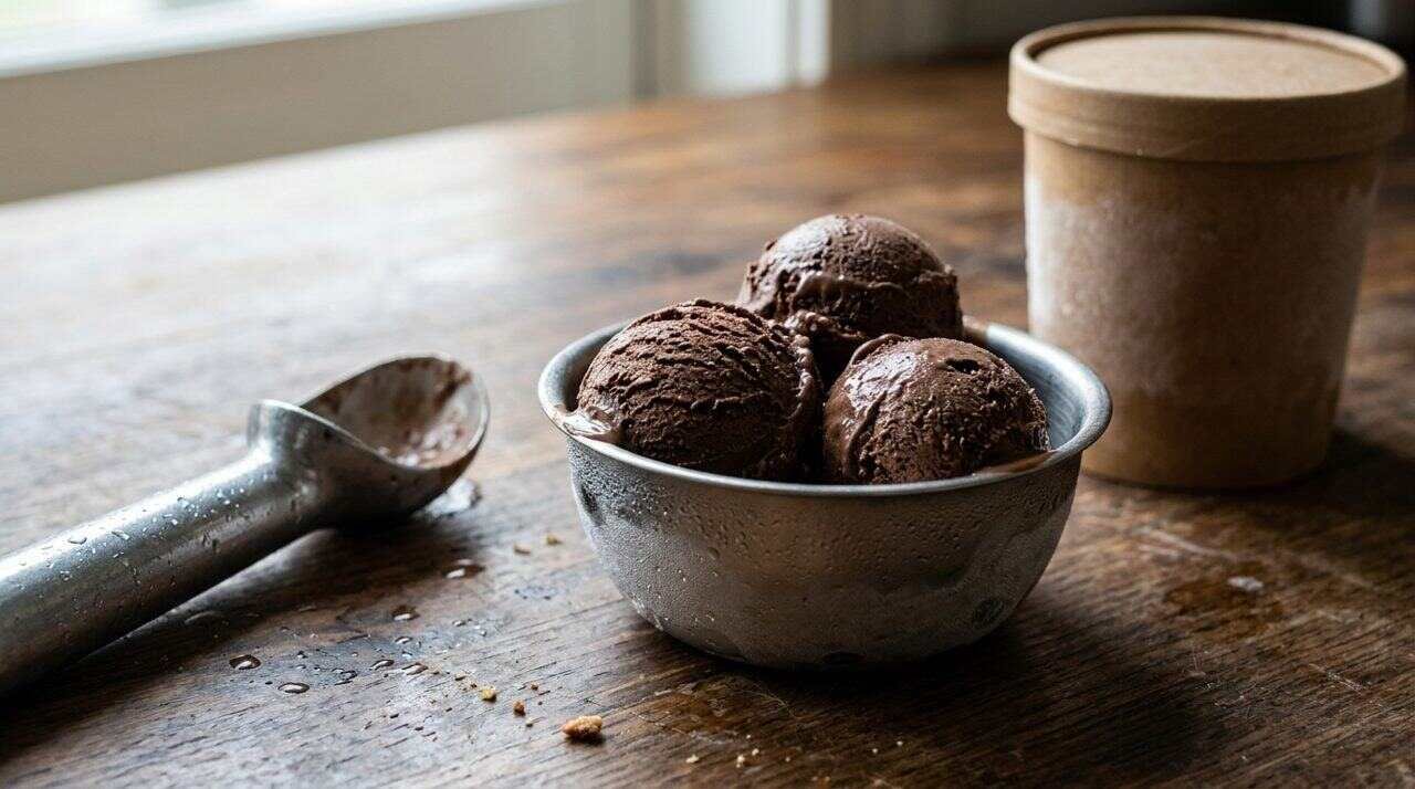 Scoops of chocolate ice cream softening in a chilled bowl beside a warmed scoop