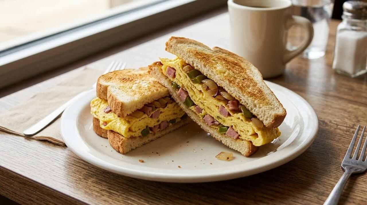 Denver sandwich of scrambled egg, ham, pepper and onion on toast