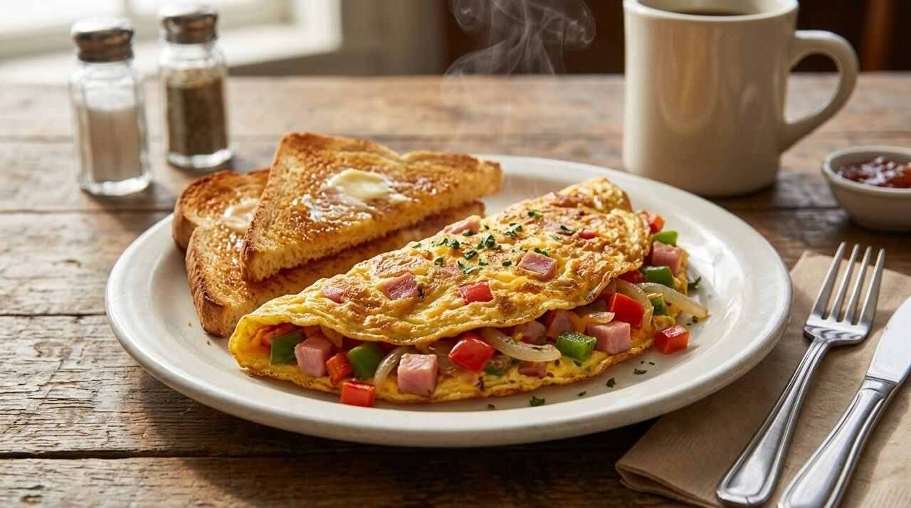 Folded Western omelet with ham and peppers beside toast