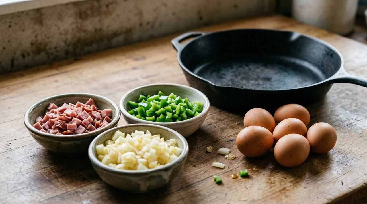 Diced ham, green pepper and onion with an iron skillet and eggs