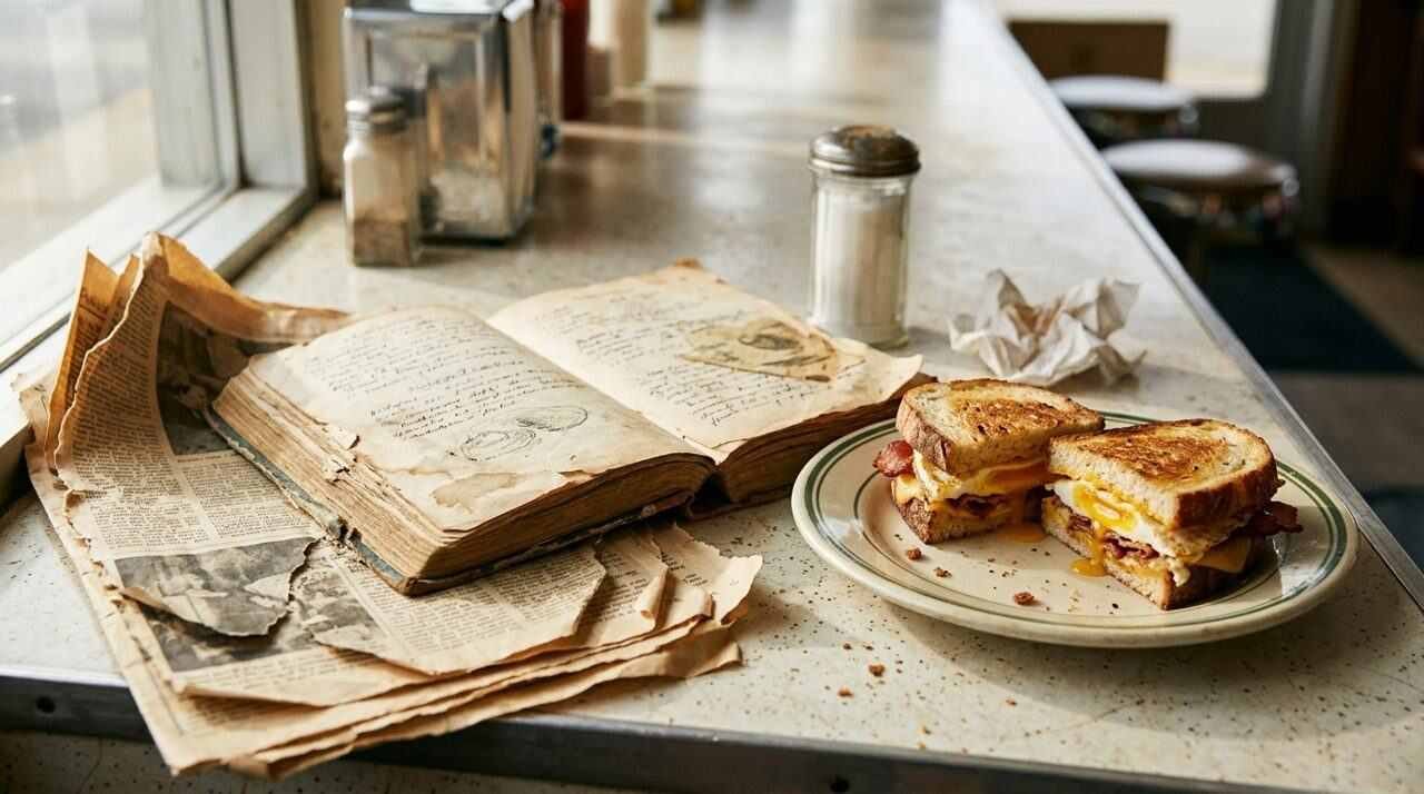 Old cookbook and clippings beside an egg sandwich on a diner counter