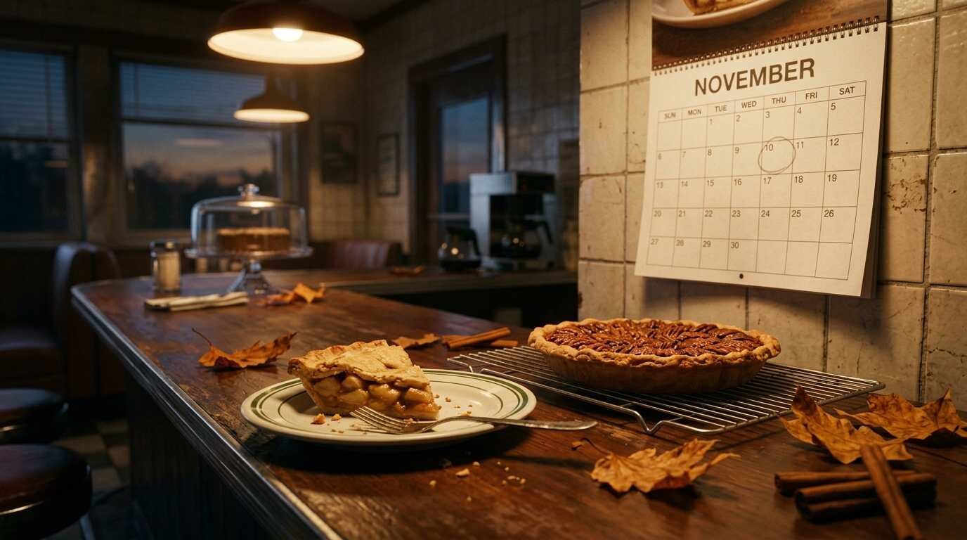 A diner counter at dusk with a November calendar, apple pie and pecan pie on a cooling rack