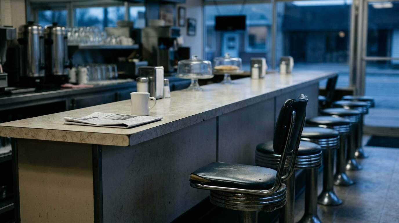 The end of a diner counter before opening with one stool pulled out and a single white mug