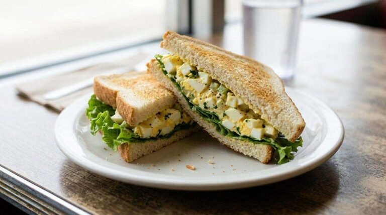 Egg salad sandwich cut diagonally on toasted white bread with lettuce
