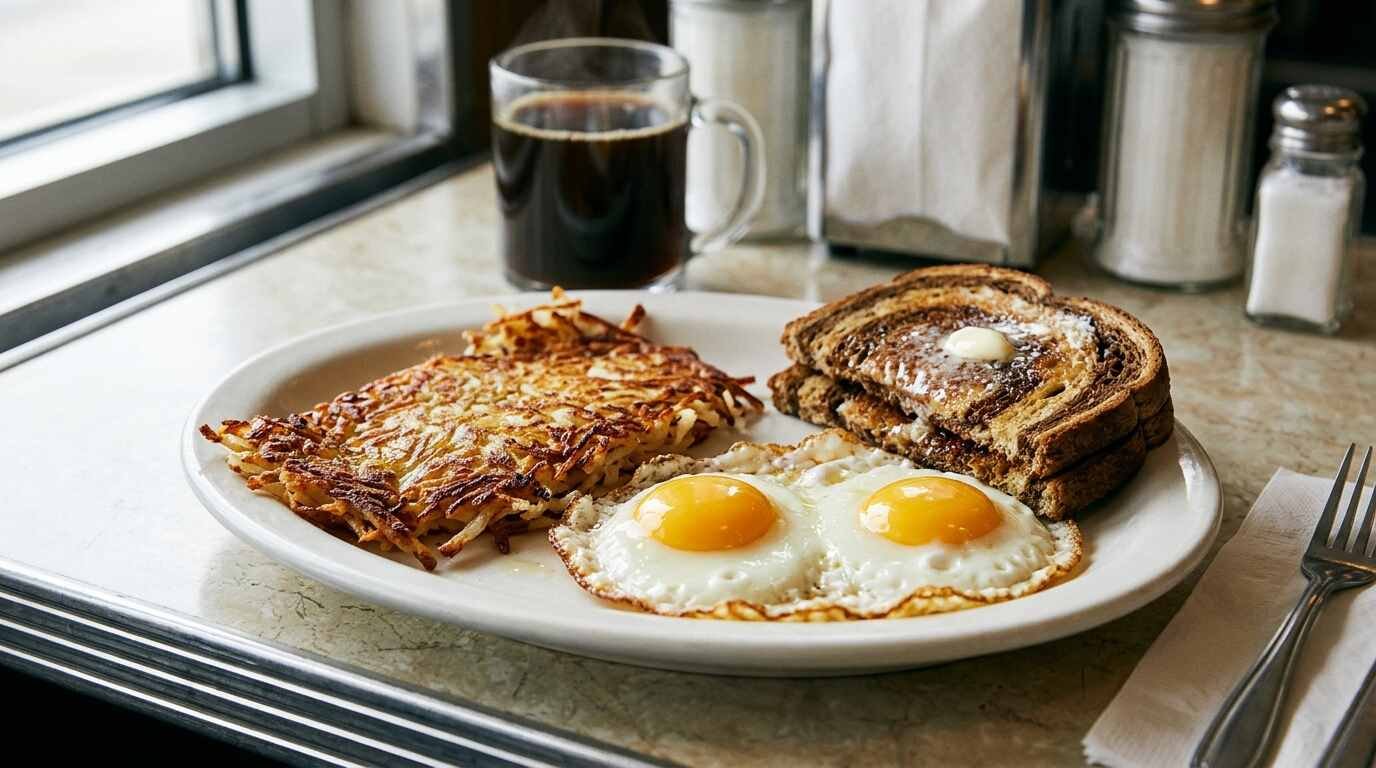 A diner breakfast plate with a crisp hash brown patty, sunny-side-up eggs and rye toast