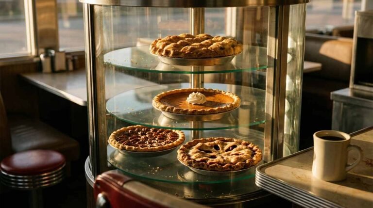 A rotating glass diner pie case at golden hour with apple, pumpkin, pecan and cherry pies on tiered shelves
