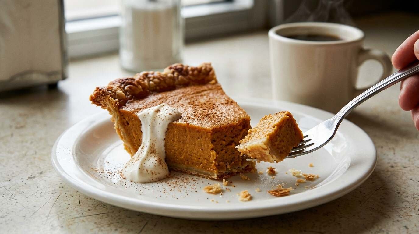 A fork lifting a corner of pumpkin pie on a thick white diner plate with cream melting at the edge