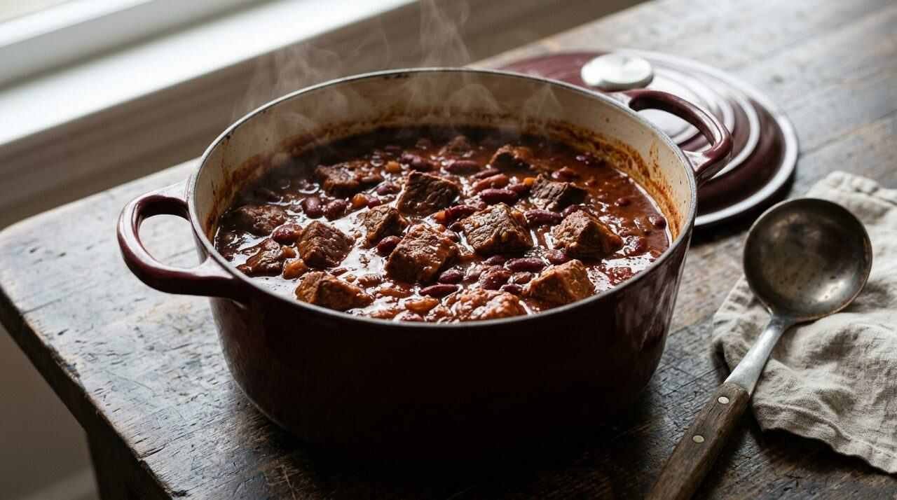Dutch oven of diner-style beef chili with cubed chuck and kidney beans