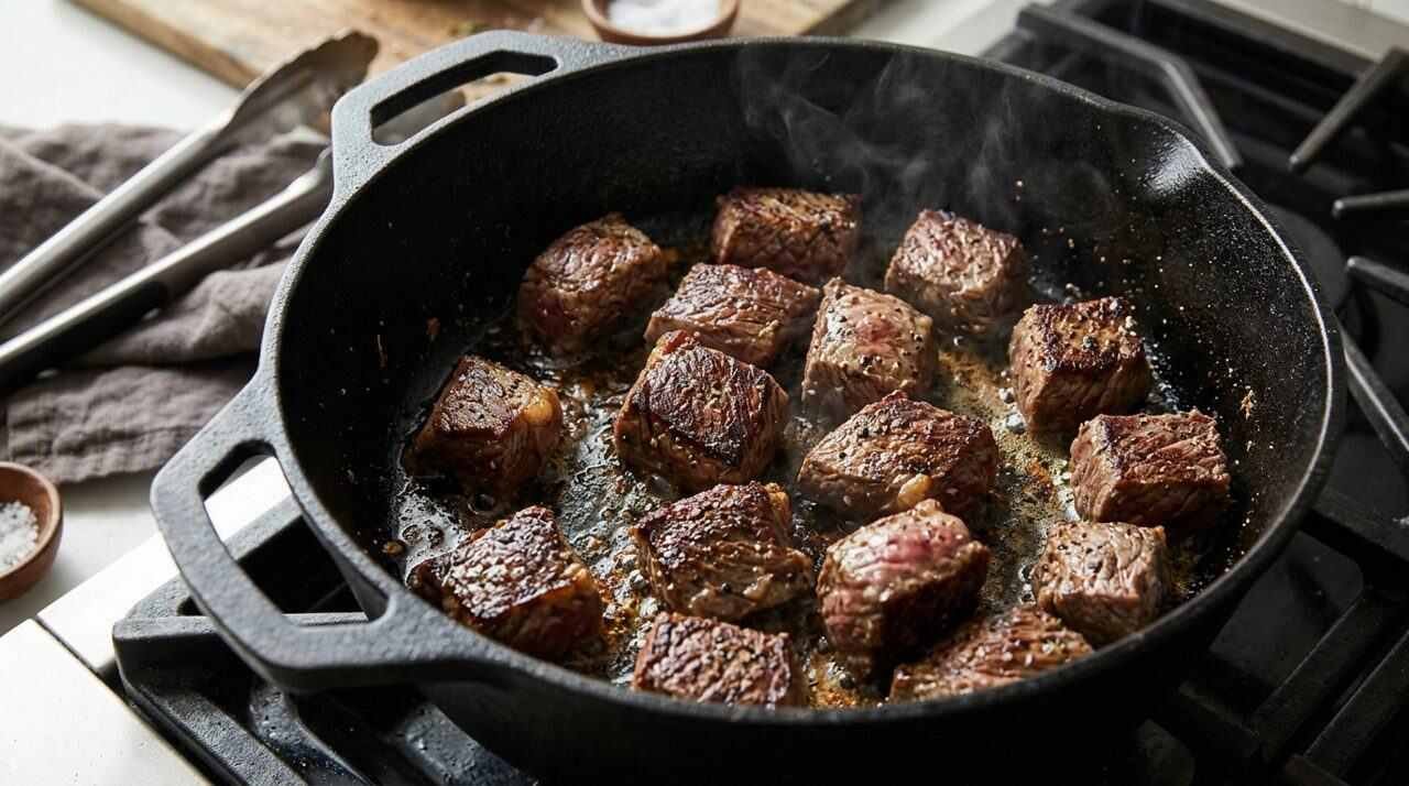 Beef cubes browning in batches in a cast iron pot with bacon fat