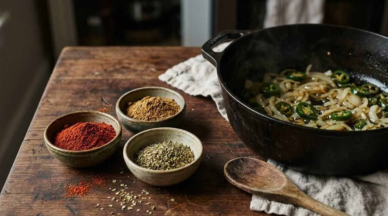 Chili powder, cumin and oregano in bowls beside softened onions and jalapeno
