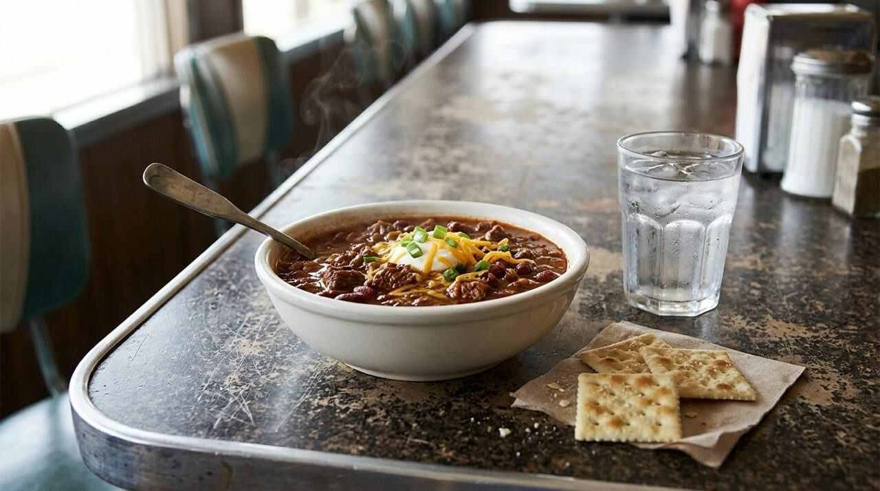 Bowl of beef chili with beans and saltine crackers on a diner counter