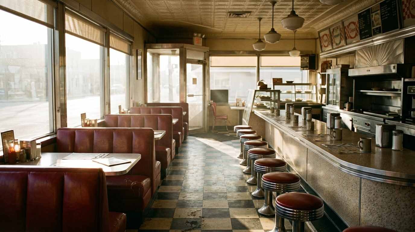 An empty classic diner interior with red vinyl booths and a counter lined with chrome stools