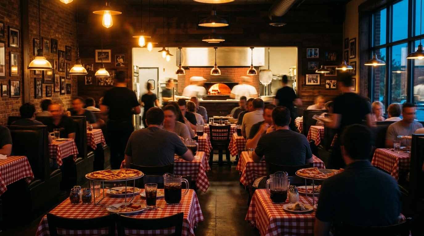 A family pizzeria dining room at dinner rush with red-checked tablecloths and a brick oven glowing in the background