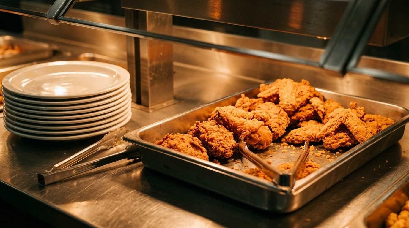 Stacked white plates and tongs beside a lit carving station at a buffet