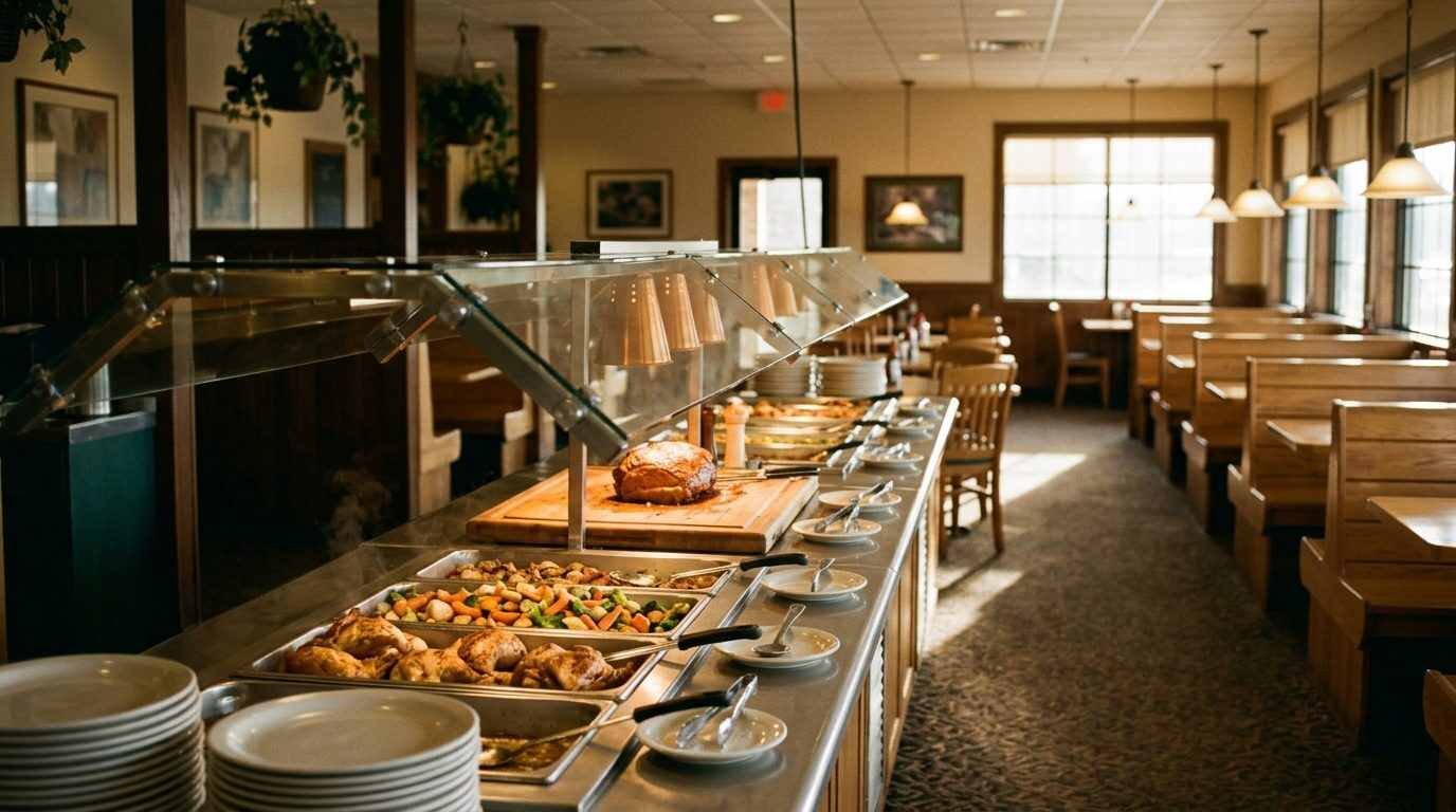 Empty buffet counter with steam trays and warm lighting in a quiet restaurant dining room
