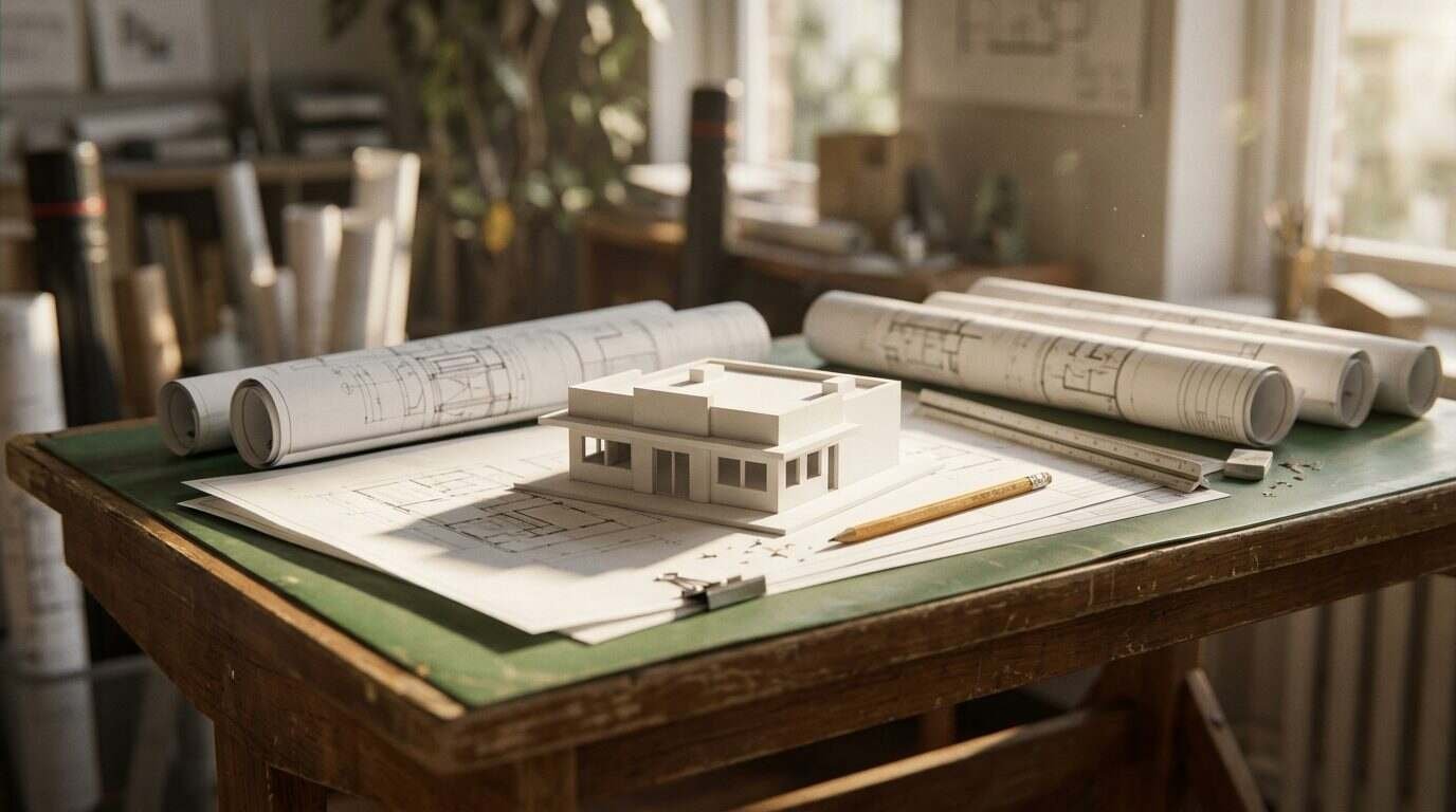 Architect's table with blueprints and scale model of a compact restaurant building