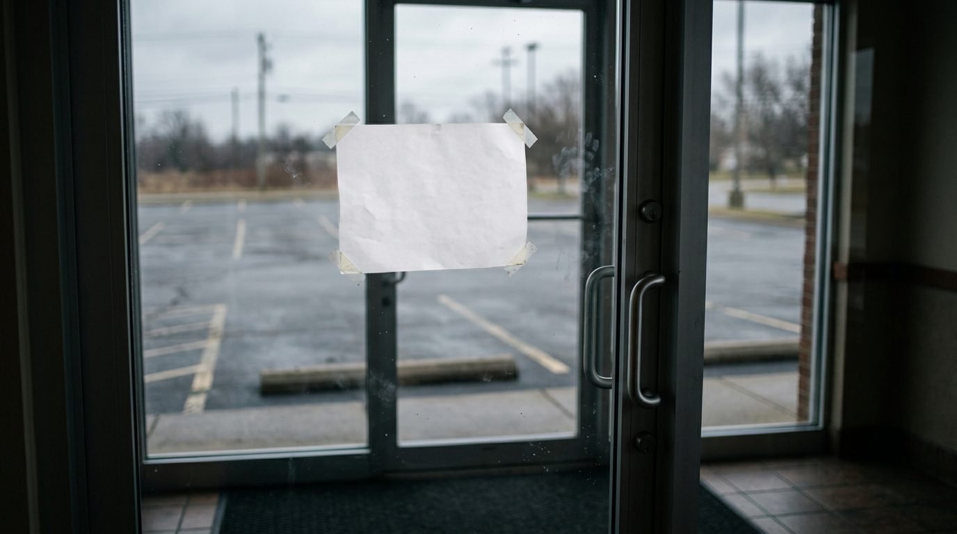 Closed restaurant glass door with a handwritten paper notice seen from inside, no readable text