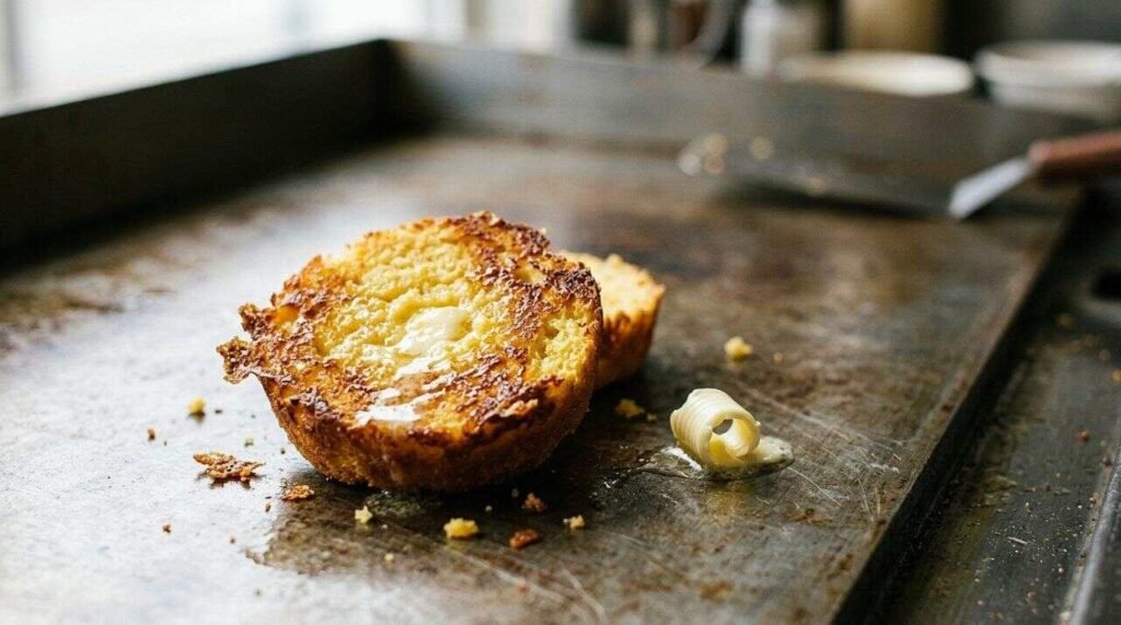 Corn muffin half with crisp griddled butter-browned face on a steel flat-top