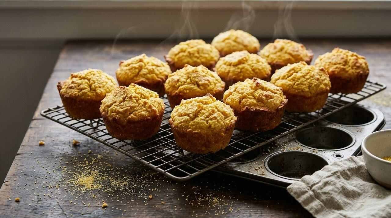 Dozen domed corn muffins cooling on a wire rack above a muffin tin