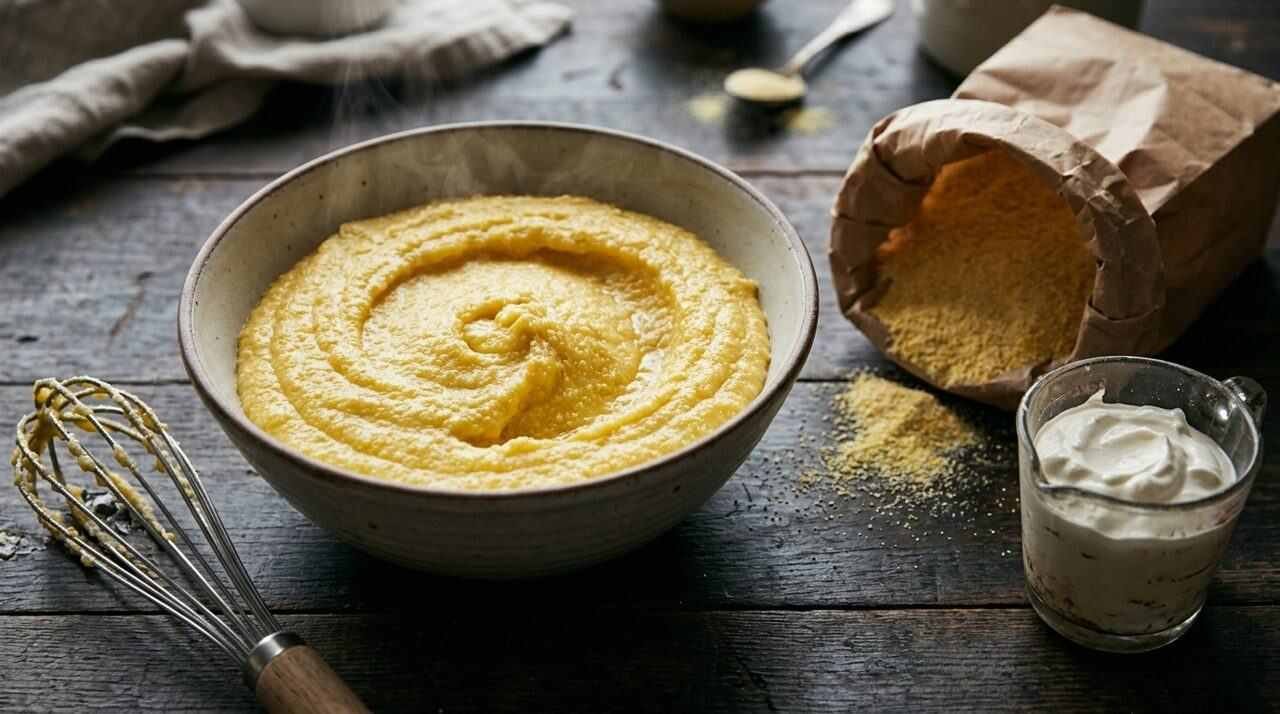 Thick cornmeal porridge in a bowl with a whisk beside cornmeal and sour cream