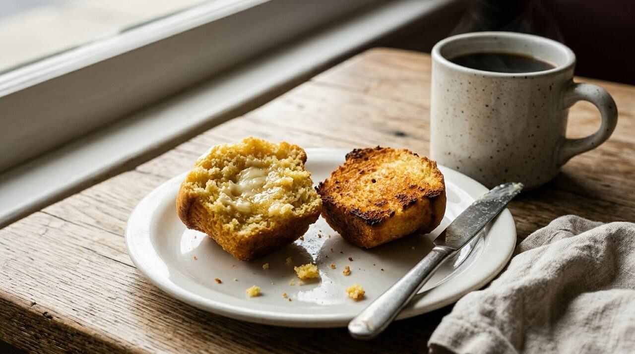 Split corn muffin with toasted face on a plate beside a coffee mug