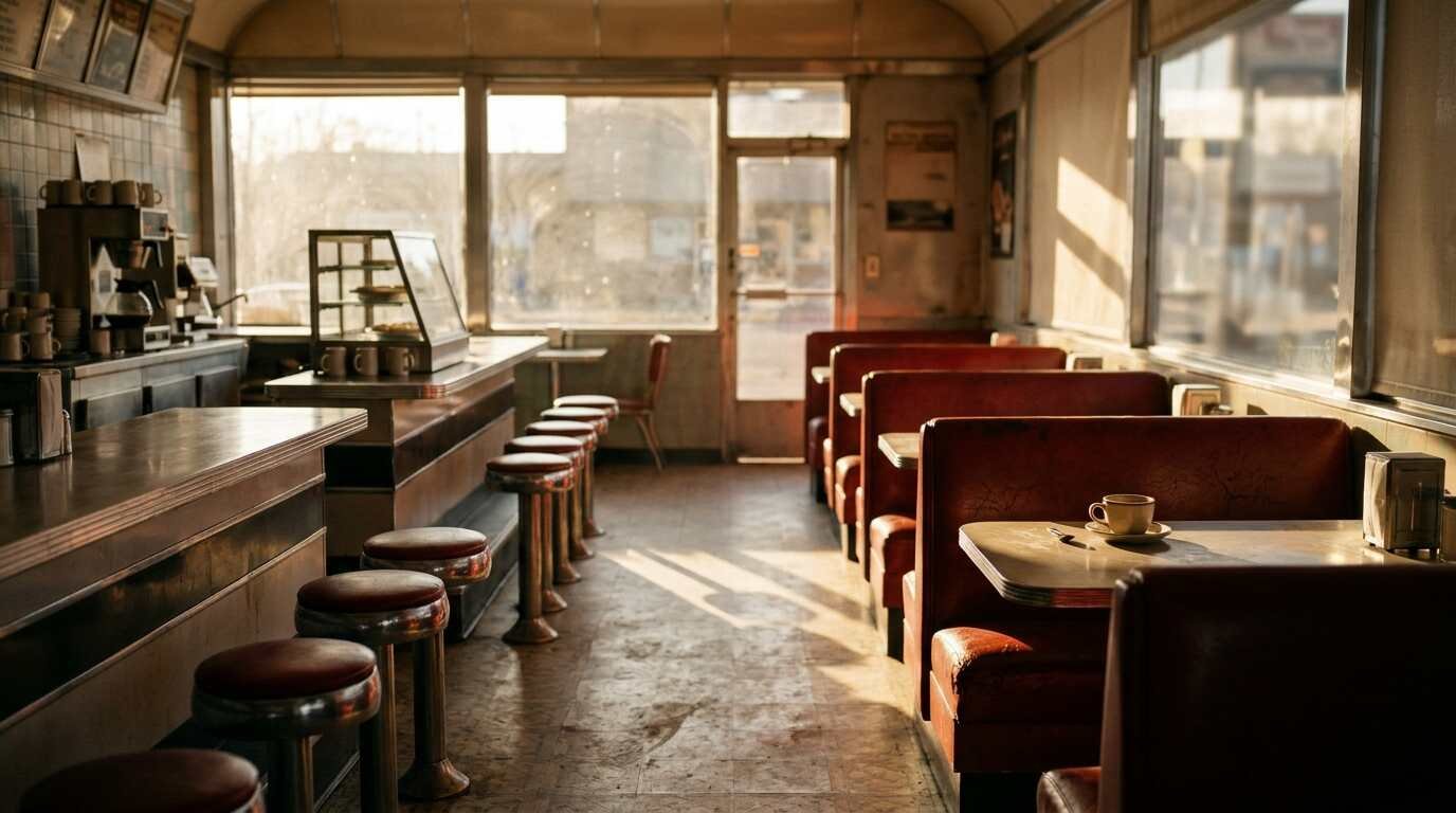 Empty red vinyl booths and a counter in an afternoon diner with a single coffee cup on a table