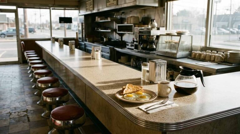Diner counter with a breakfast plate and coffee pot