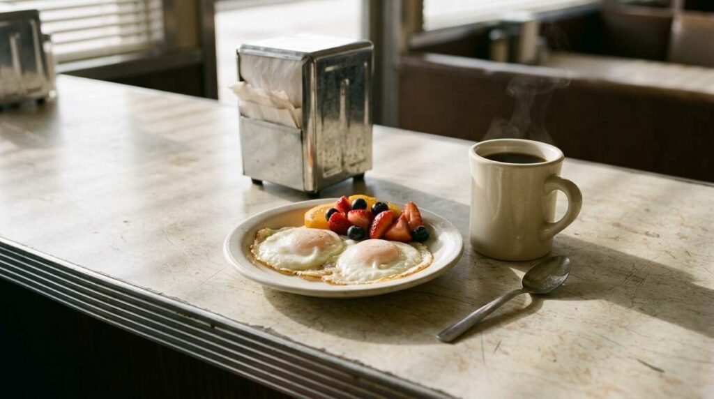 A small plate of two over-easy eggs and sliced fruit beside a mug of coffee on a diner counter