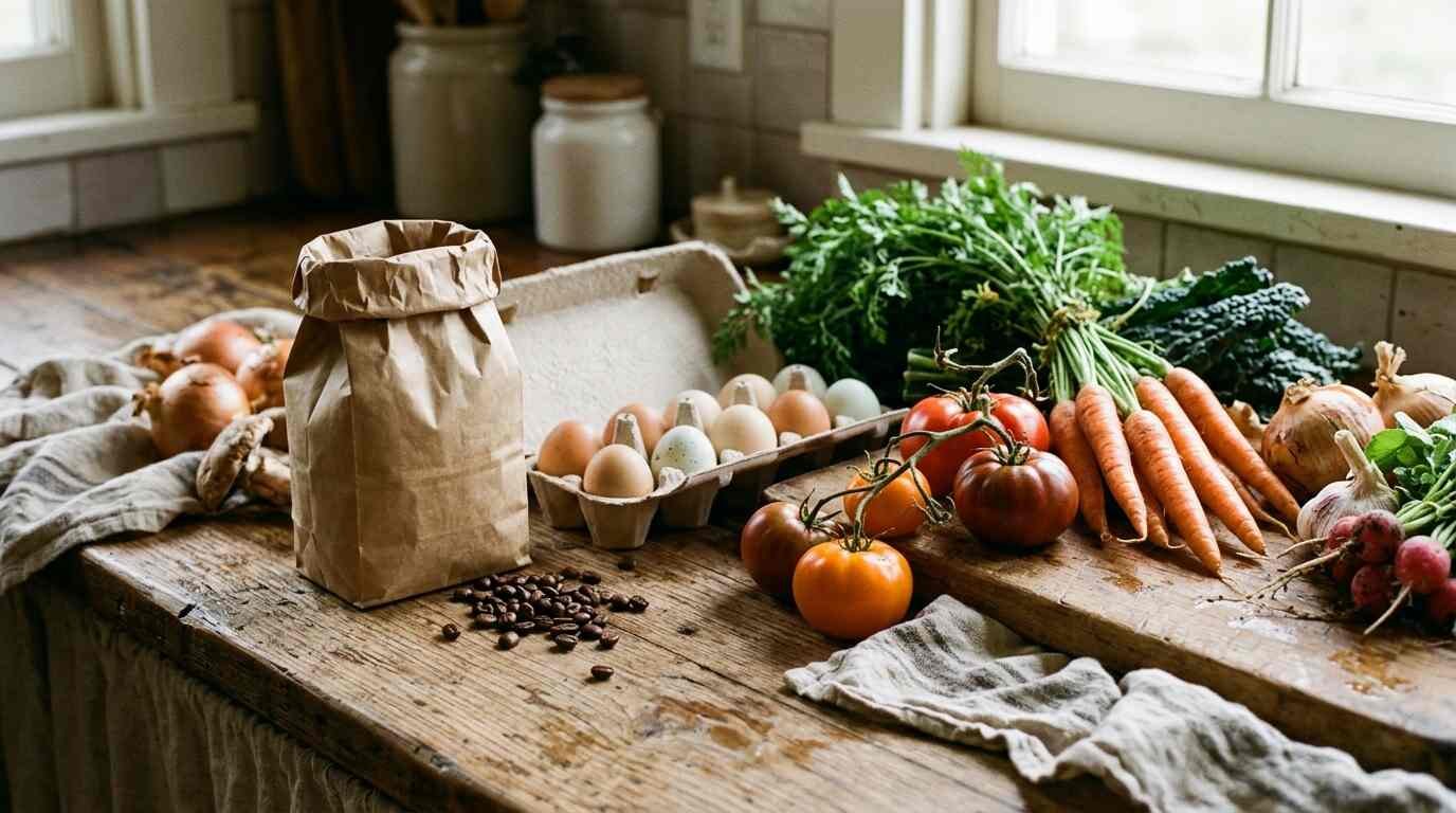Vegetables, eggs and coffee beans on a wooden kitchen counter