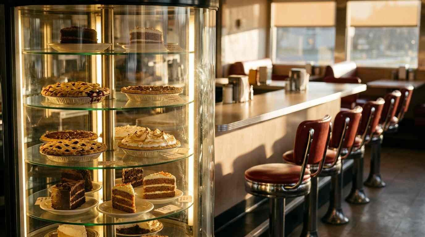 A lit glass pie case holding pies and cake slices beside a row of empty red counter stools