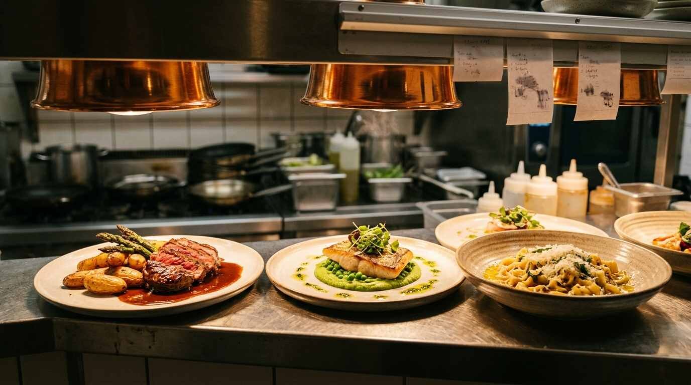 Plated entrees waiting under heat lamps at a restaurant pass
