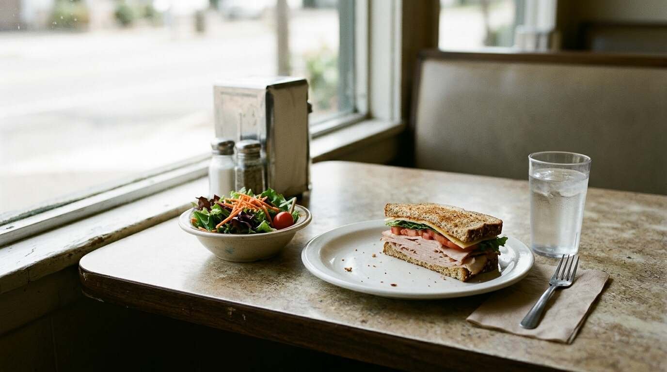 A bowl of mixed greens and a half sandwich on a plain plate with a glass of water at a diner table by a window
