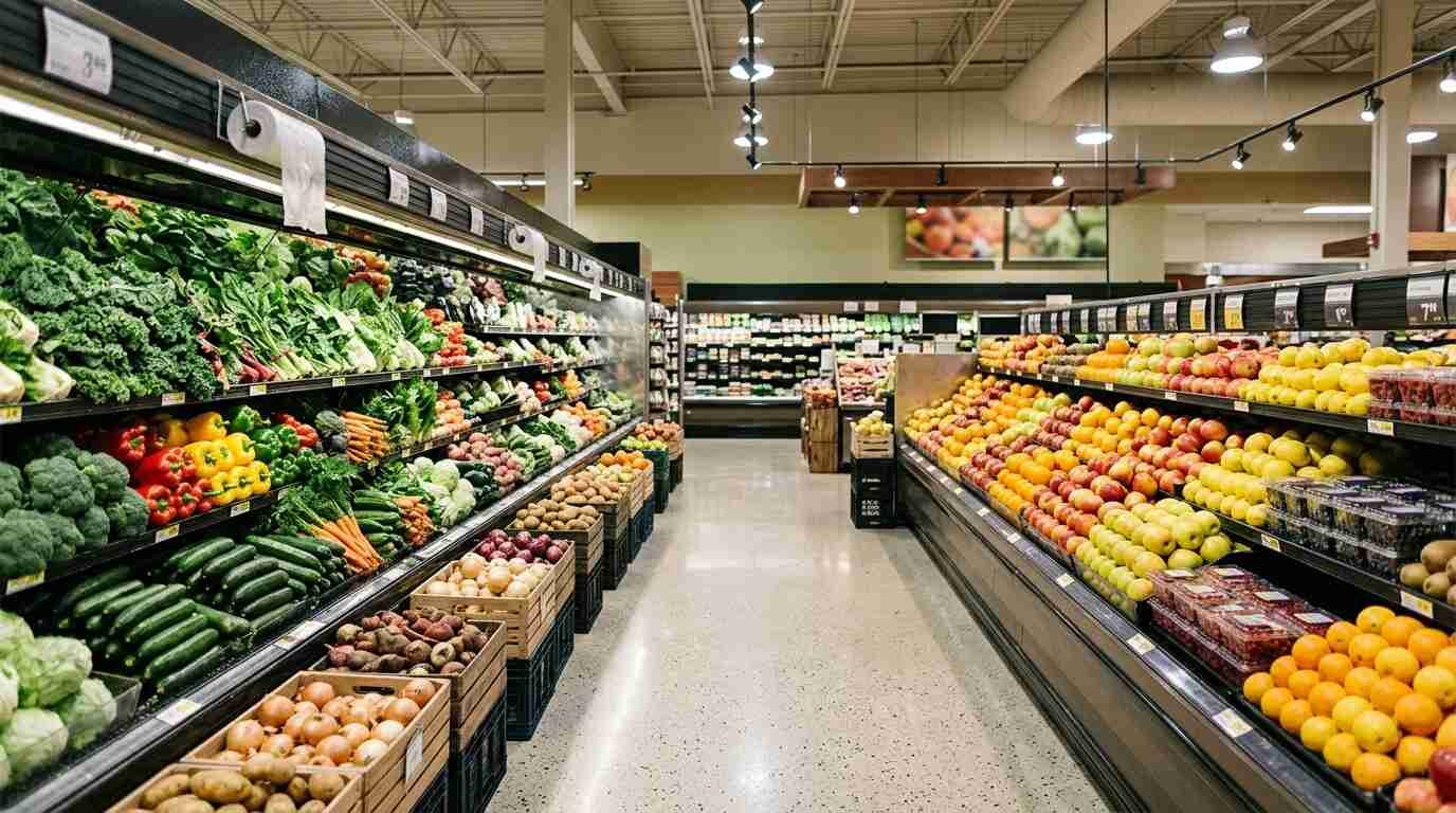 Well-stocked supermarket produce aisle