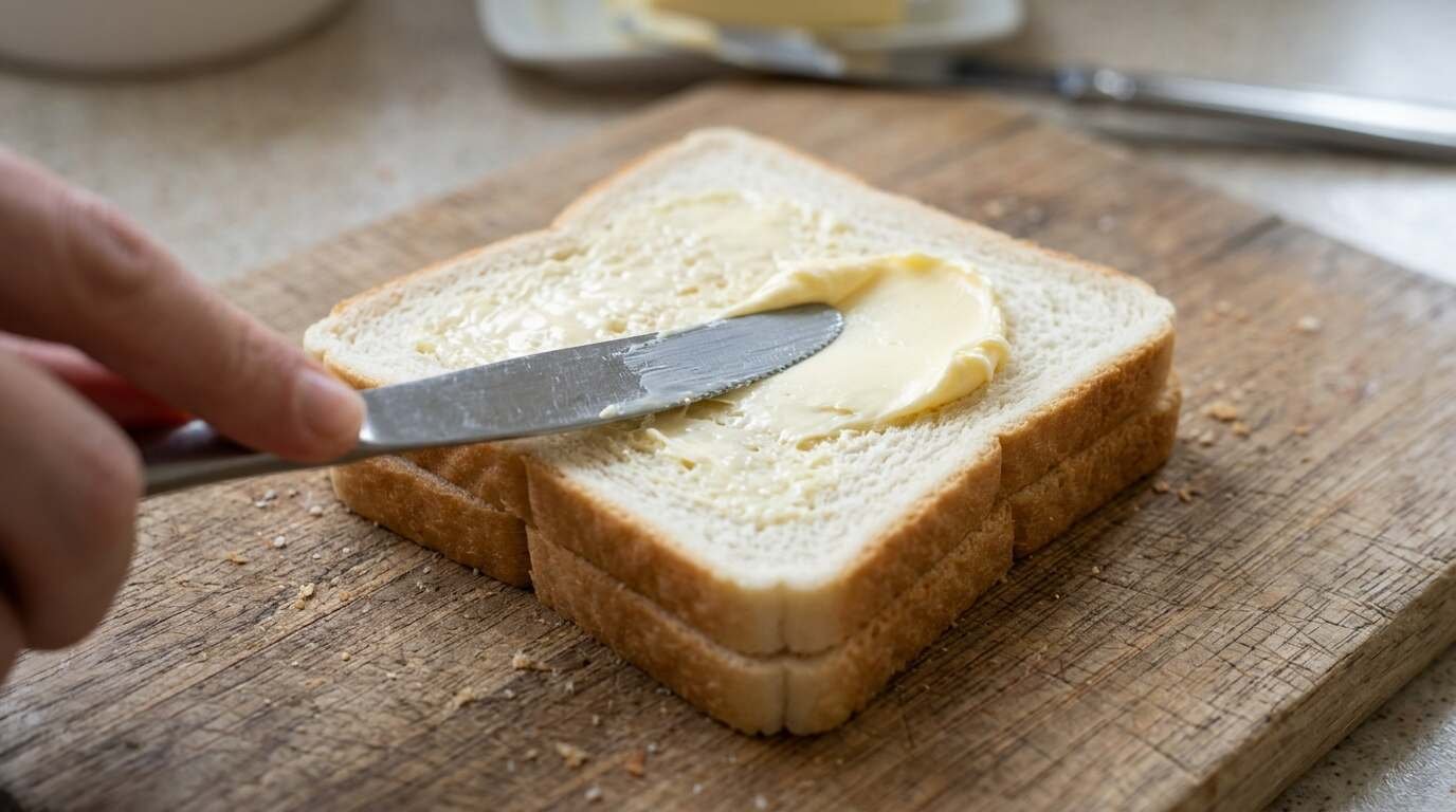 Soft butter spread on the outside of bread slices