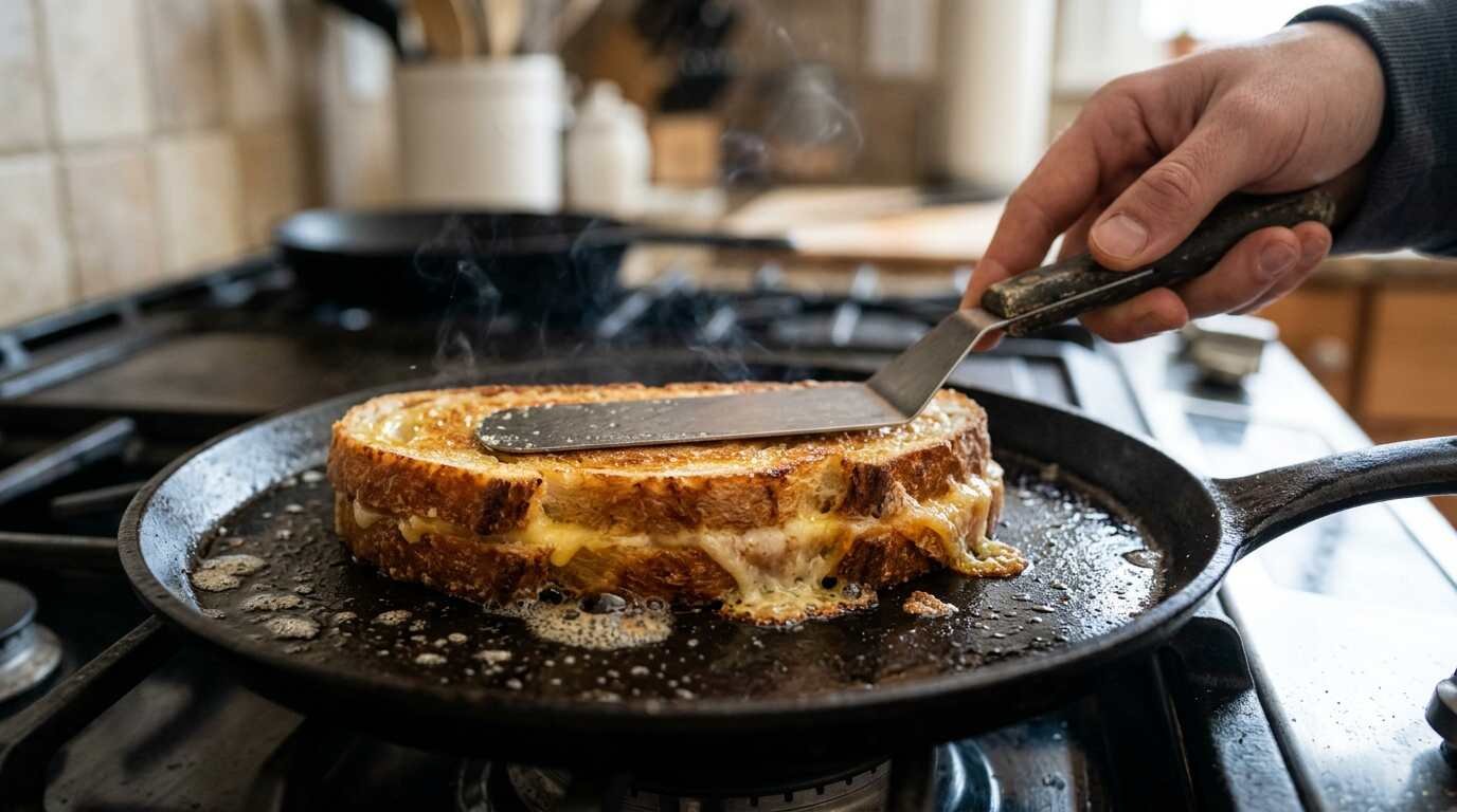 Sandwich browning in a flat skillet under a spatula