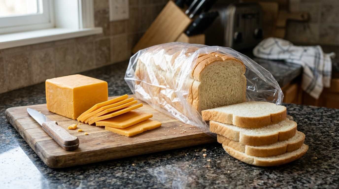 Cheddar slices and sliced bread on a counter