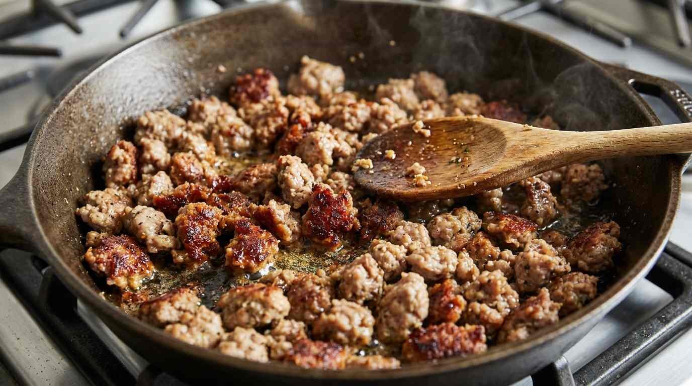 Browned sausage crumbles in a wide skillet