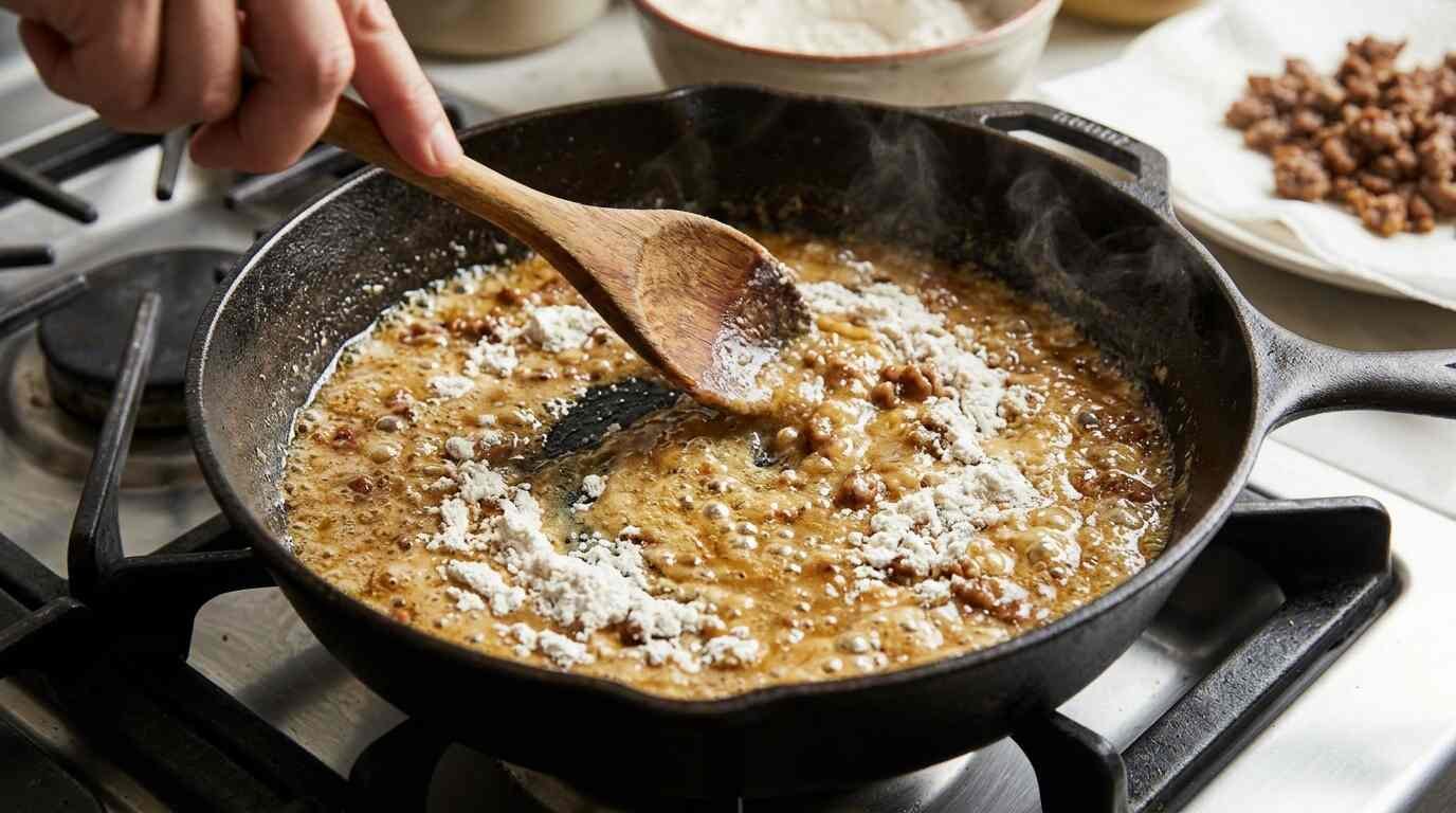 Flour stirred into the sausage fat to make a roux